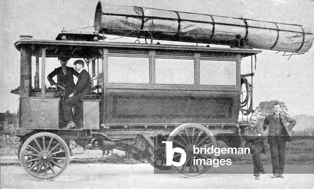 Mr. Marconi's Motor Car, fitted with a funnel for transmitting and receiving wireless telegrams, illustration from 'The King', May 25th 1901 (b/w photo)