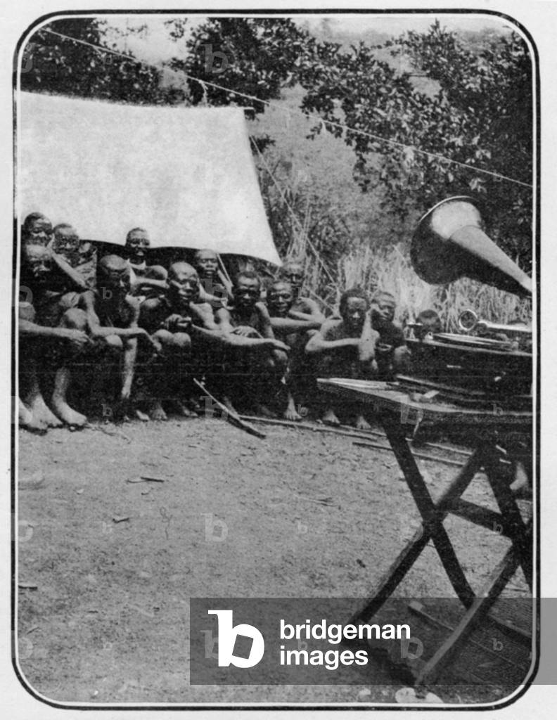 White Man's Magic: The Gramophone Astonishes the Wakonja Natives, from an article entitled 'To the Mountains of the Moon' published in 'The Graphic' October 27th 1906 (b/w photo)