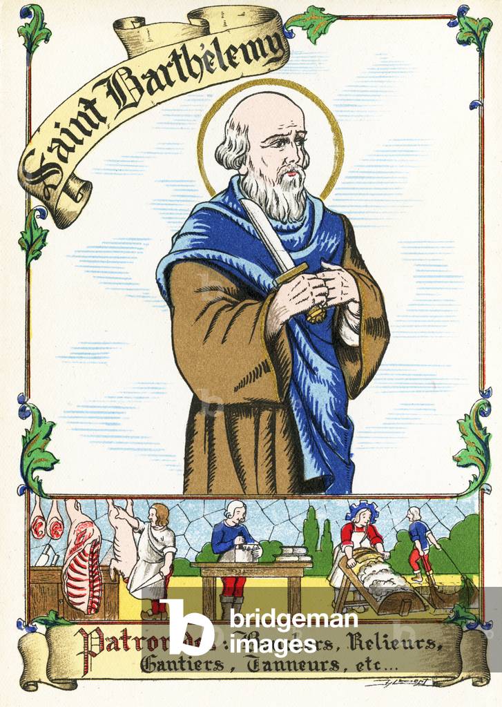 Saint Bartholomew, patron saint of butchers, bookbinders, glove makers and tanners, c.1910 (colour litho)