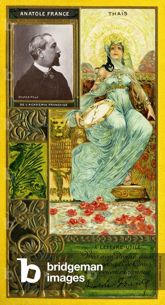 Endorsement by Anatole France of LU (Lefevre-Utile) biscuits, from a series of promotional cards featuring celebrities, c.1903 (colour litho)