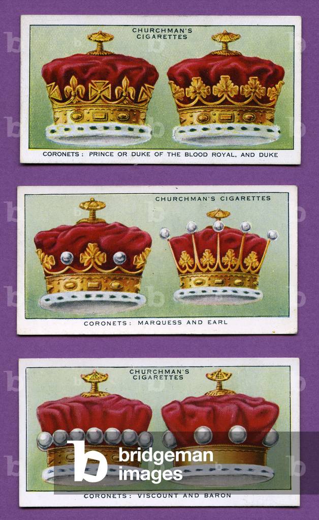 Coronets used by peers at the Coronation of a new Sovereign of the United Kingdom, 1937 (colour litho)