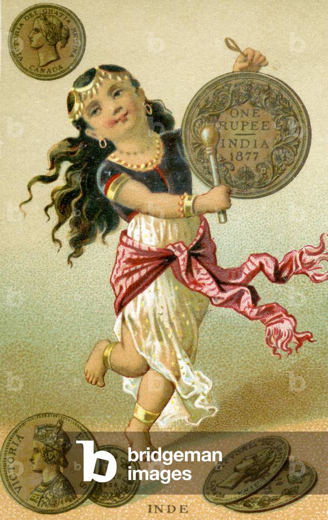 Indian dancer beating a rupee drum, from a series of promotional cards on currencies in different countries, published in Paris by Baster & Vieillemard for use by the chocolate producer, 'Chocolat Ibled', 1886-95 (colour litho)