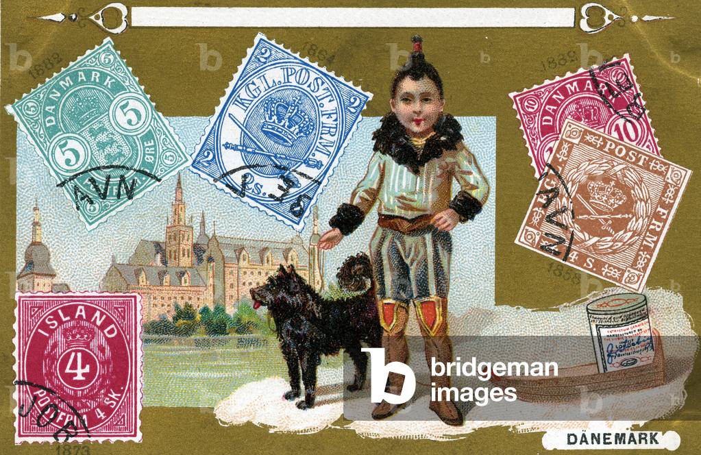 Danish and Icelandic Postage Stamps with an Inuit child and his dog, 1897 (colour litho)
