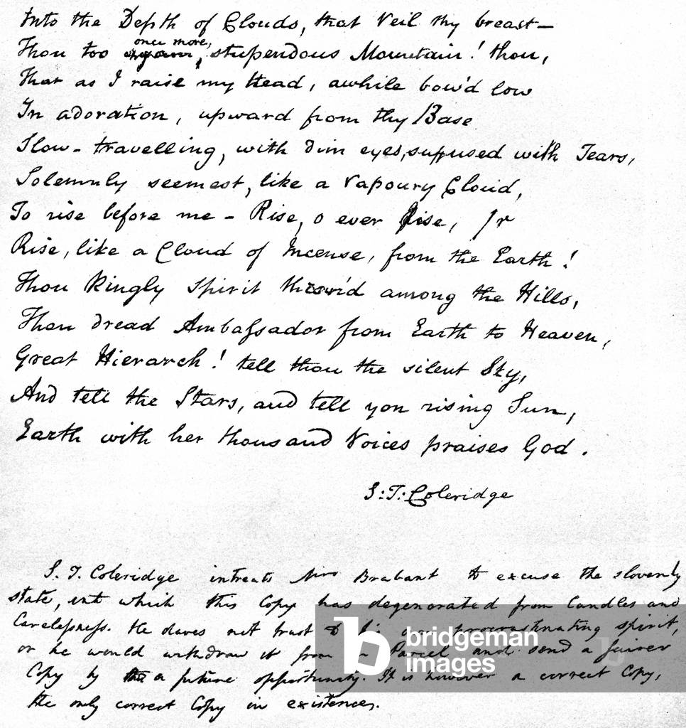 Last lines of Coleridge's poem 'Hymn before Sunrise in the Vale of Chamouny', written in the poet's own handwriting and sent in a letter to Mrs Brabant of Devizes, 1815 (pen & ink on paper)