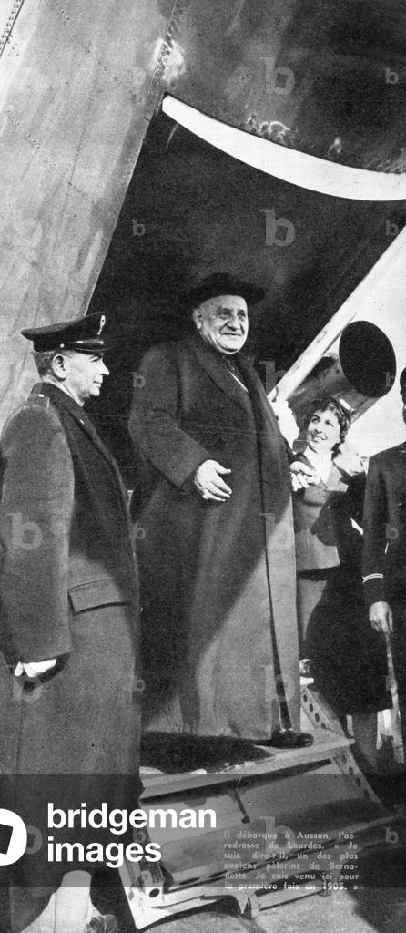 Cardinal Roncalli (later Pope John XXIII) arriving in France on 23 March, 1958 to consecrate the new basilica of Saint Pius X at Lourdes, from 'Paris-Match', 8 November, 1958 (litho)