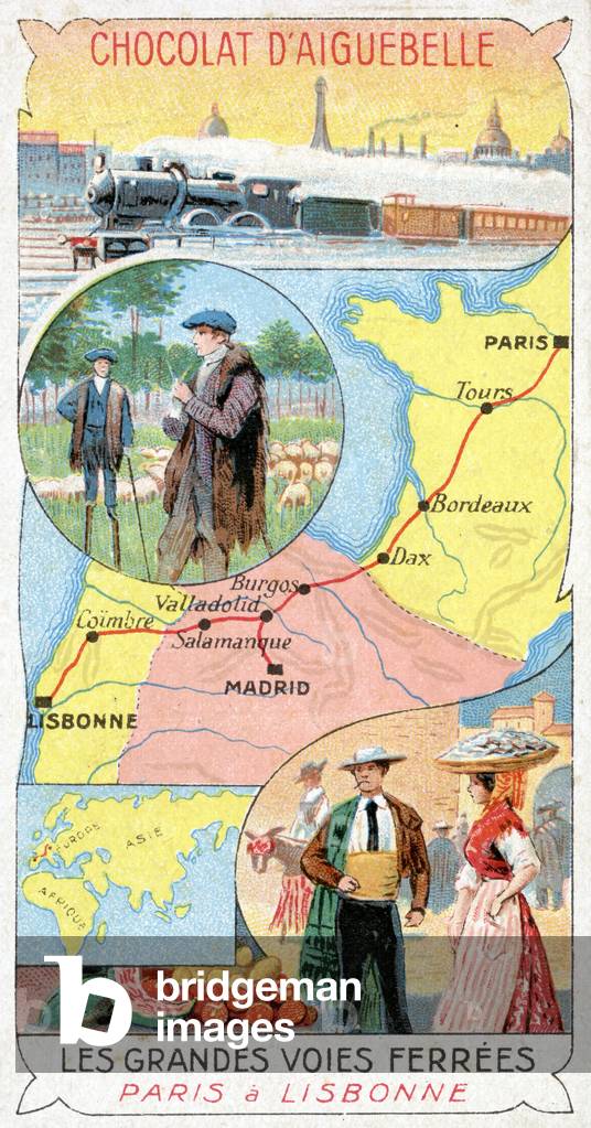 The Paris to Lisbon Railway Line,  from a series of promotional cards on Great Railway Lines produced by Chocolat d'Aiguebelle, 1900-19 (colour litho)