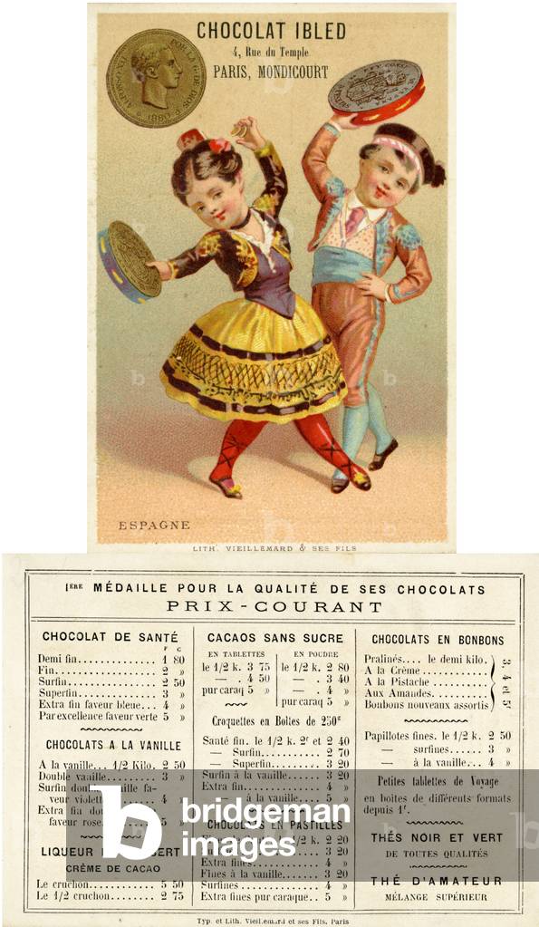 Spanish children dancing with tambourines made of pesetas, from a series of promotional cards on currencies in different countries, published in Paris by Vieillemard for use by 'Chocolat Ibled', 1886-95 (colour litho)