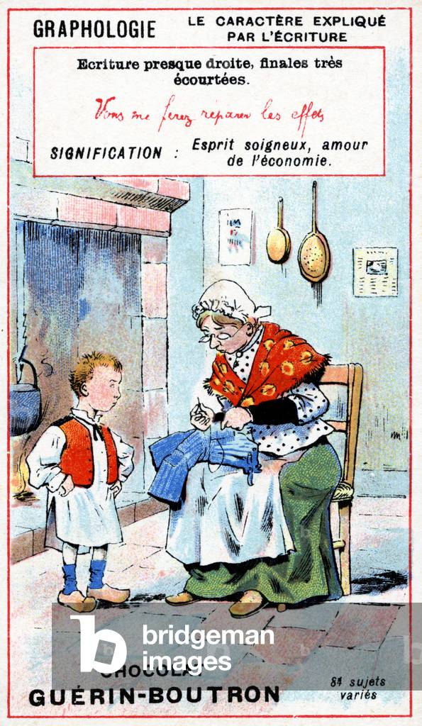 Characteristics of taking care, thrift and 'make do and mend', as indicated by handwriting, c.1920 (colour litho)