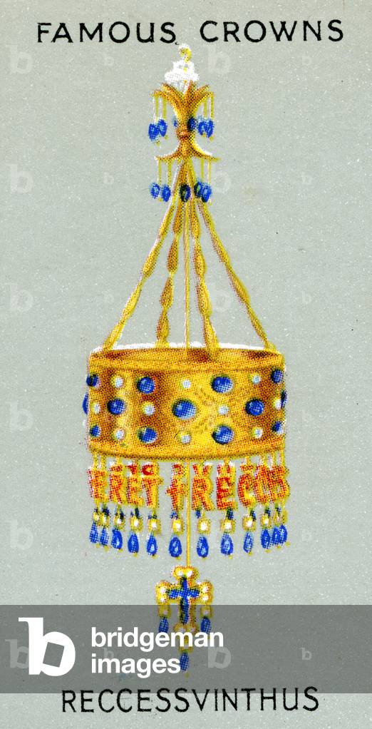 Votive crown of King Recceswinth, made of gold, rock crystal, pearls and sapphires, 1938 (colour litho)