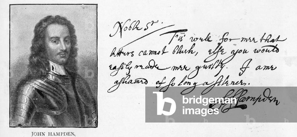 Handwriting and signature of John Hampden from a letter written to Sir John Eliot in prison, March 21, 1629 (pen & ink on paper)