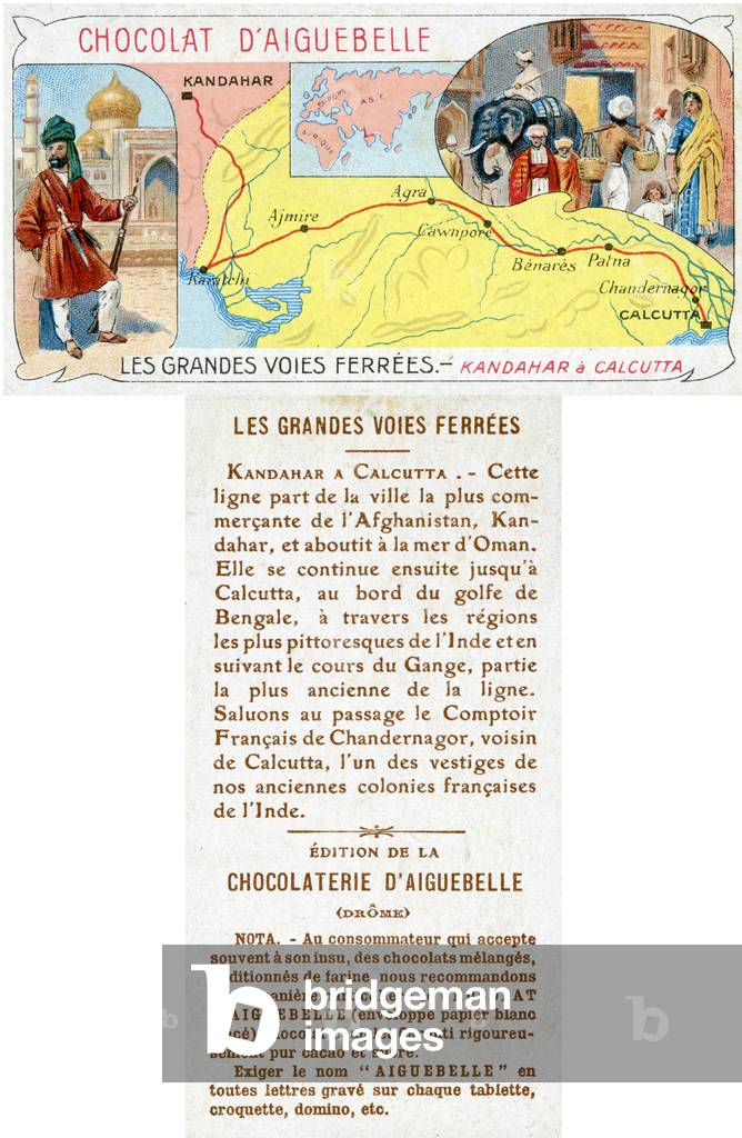 The Kandahar to Calcutta Railway Line, front and back of a promotional card from a series on Great Railway Lines produced by Chocolat d'Aiguebelle, 1900-19 (colour litho)
