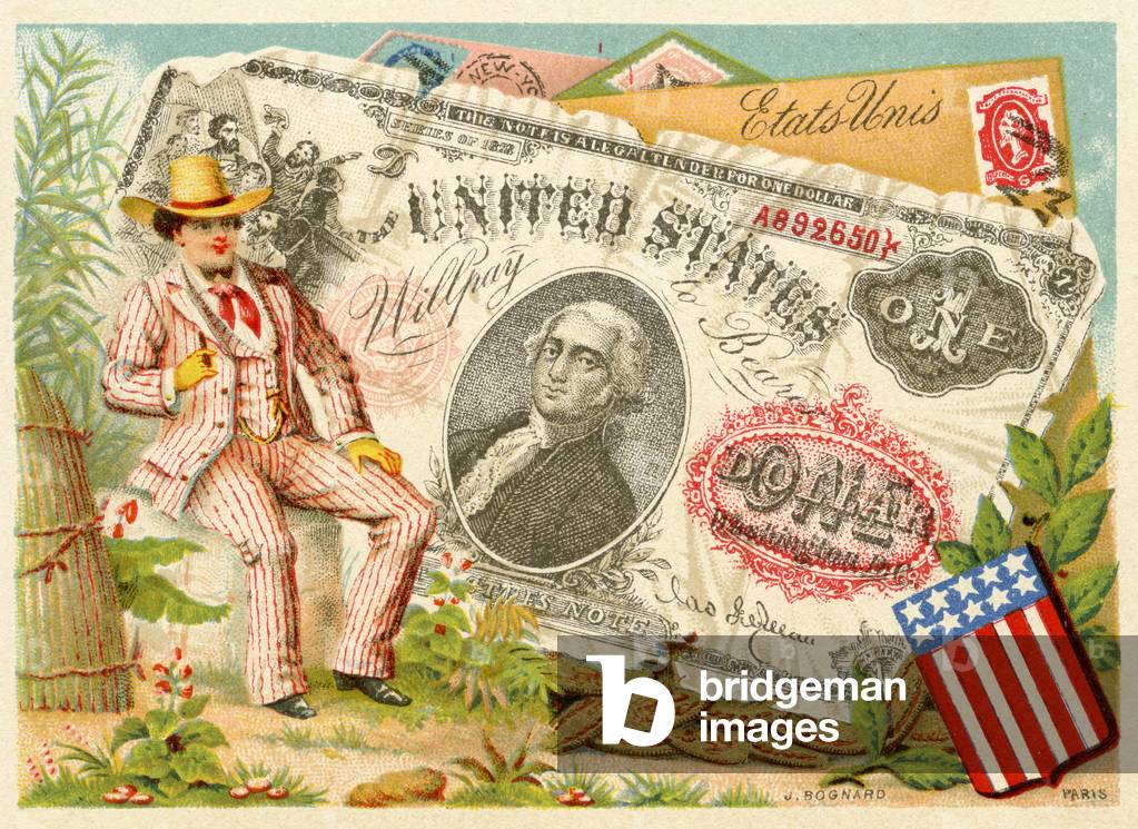 Uncle Sam seated beside a one-dollar bill, from a series of promotional cards on currencies in different countries, published in Paris by Bognard for use by department stores and manufacturers, 1886-95 (colour litho)