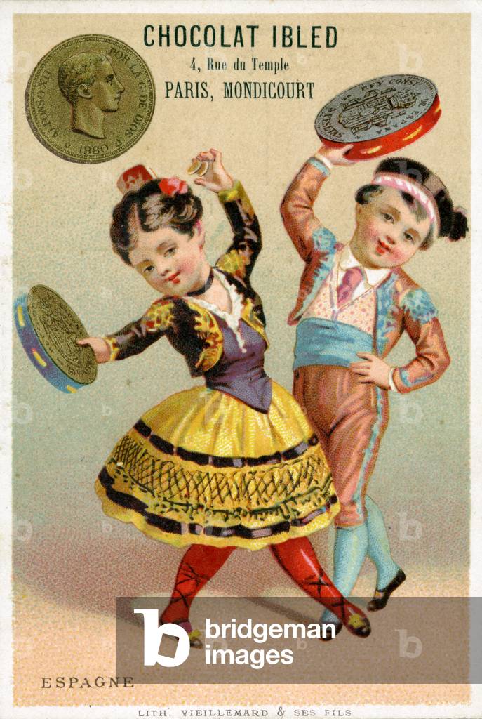 Spanish children dancing with tambourines made of pesetas, from a series of promotional cards on currencies in different countries, published in Paris by Vieillemard for use by 'Chocolat Ibled', 1886-95 (colour litho)