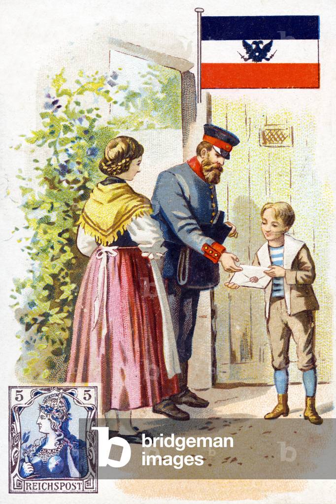 A Postman in Germany delivering a letter, late 19th century (colour litho)