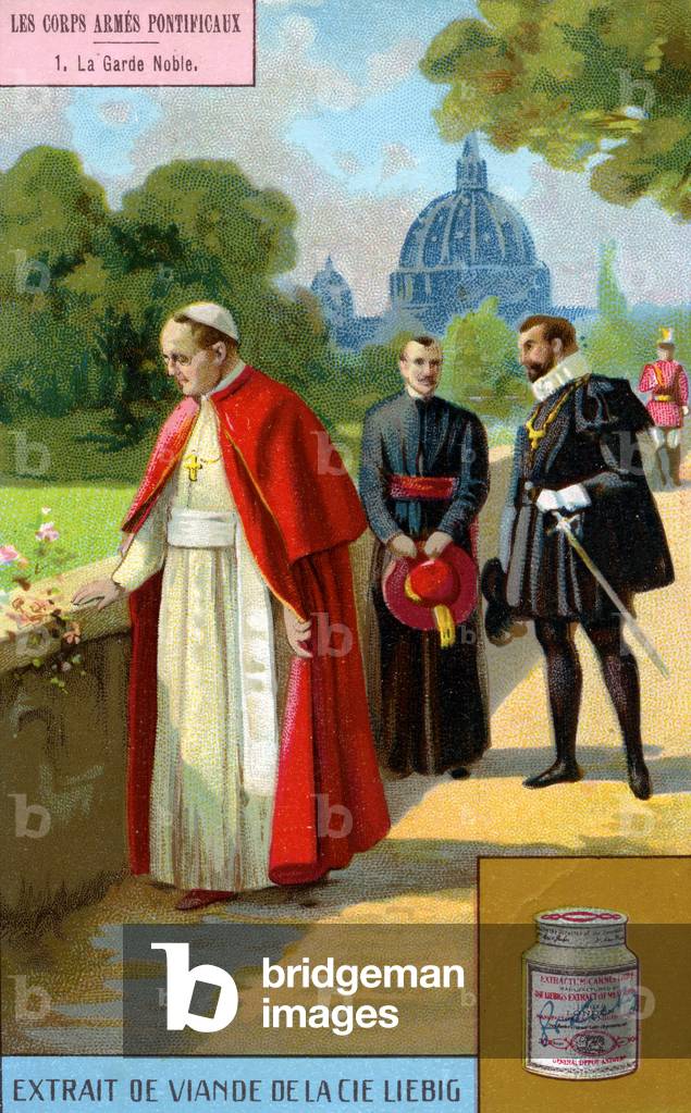 Pope Pius XI, attended by a chaplain and a Papal Chamberlain with a Noble Guard in the background, walking in the Vatican Gardens, 1925 (colour litho)