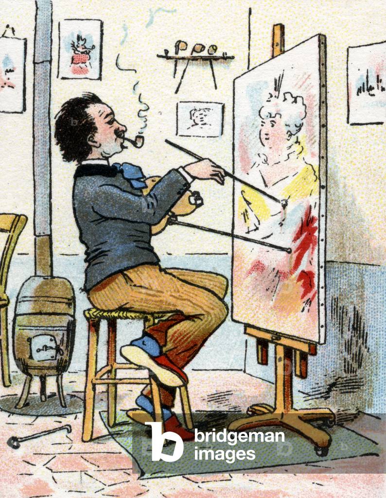 Artist painting in his studio, c.1920 (colour litho)