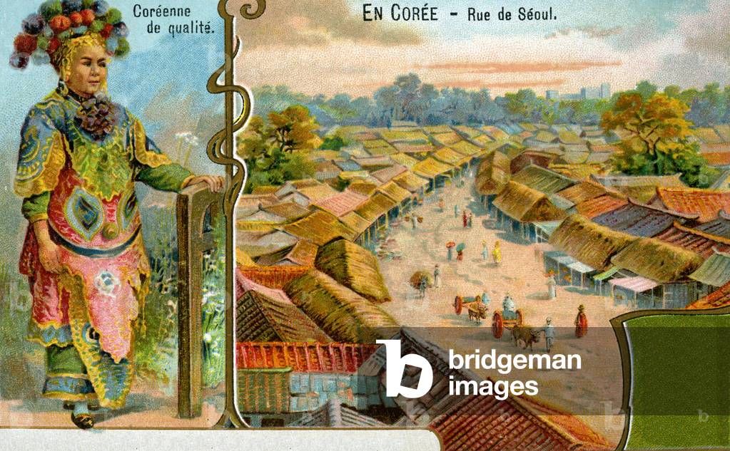 A Korean lady in traditional dress and a view of a street in Seoul, 1904 (colour litho)