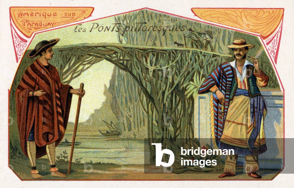 A unique bridge constructed by joining  the branches of two trees on either side of the river Paraguay, c.1910 (colour litho)