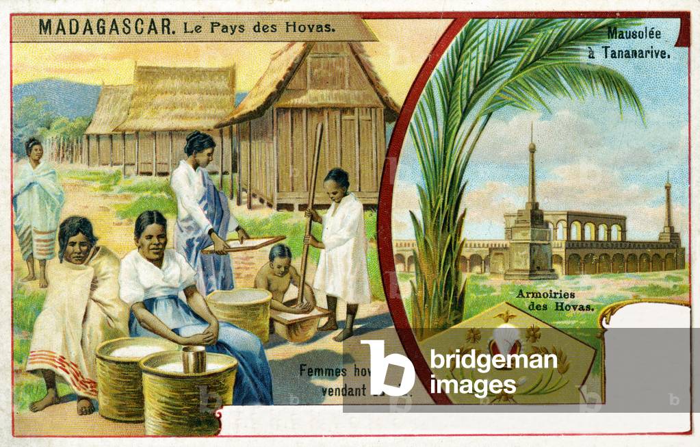 Madagascar, Land of the Hovas - illustrations of women selling rice, heraldry and a mausoleum in Tananarive (Antananarivo), 1908 (colour litho)