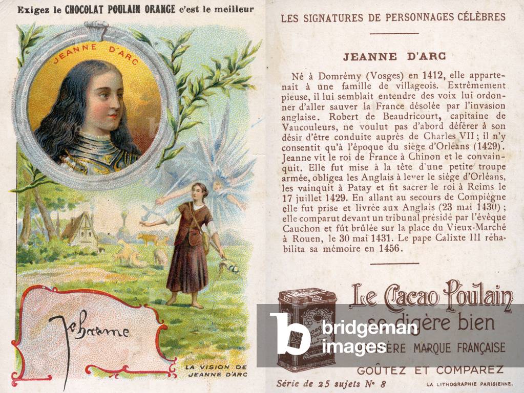 Joan of Arc,  front and reverse of a promotional card for 'Poulain' chocolate with illustrations of her vision, her signature and an account of her life, c.1910 (colour lithograph)