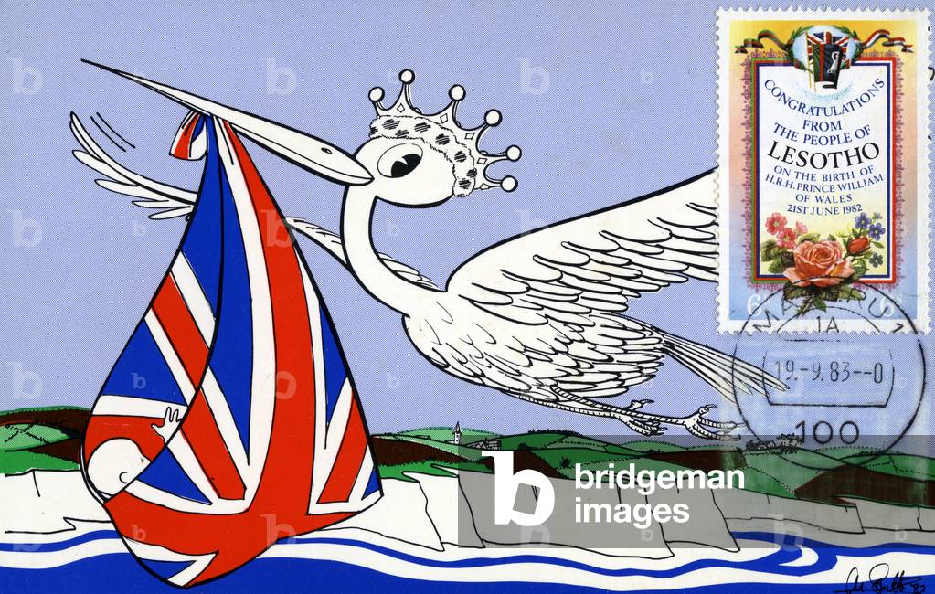 Postcard and stamp from Lesotho celebrating the arrival of Prince William of Wales in 1982 (colour litho)