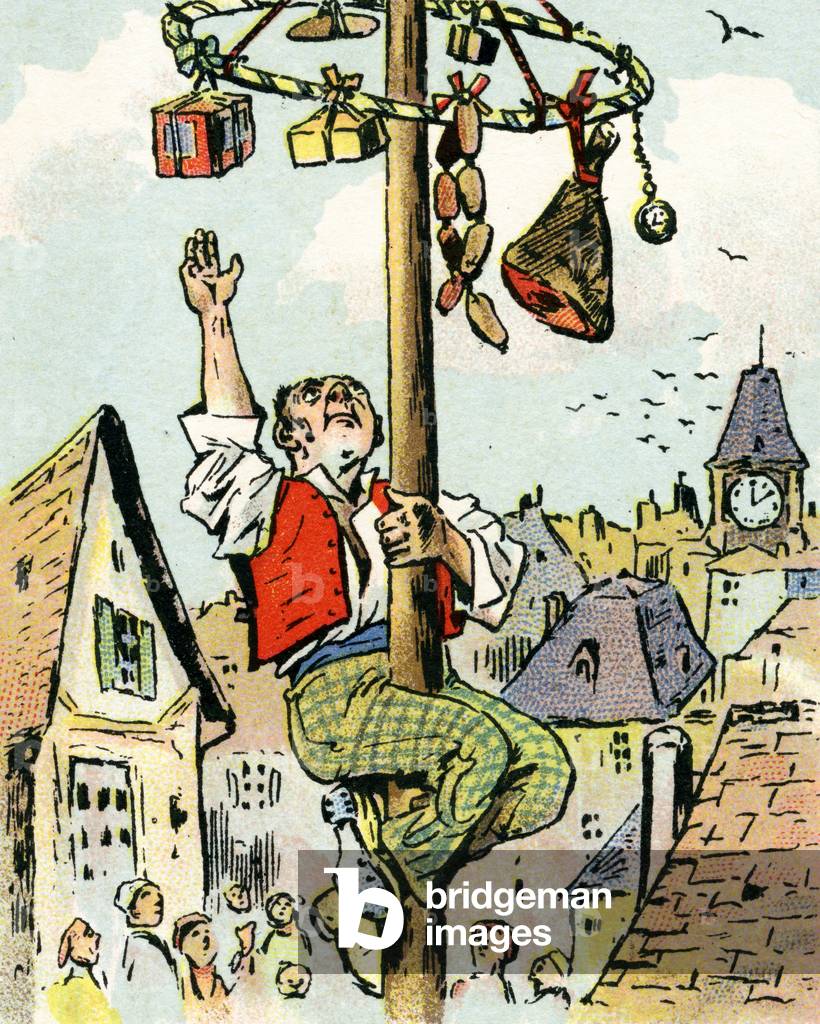 Climbing the greasy pole, c.1920 (colour litho)
