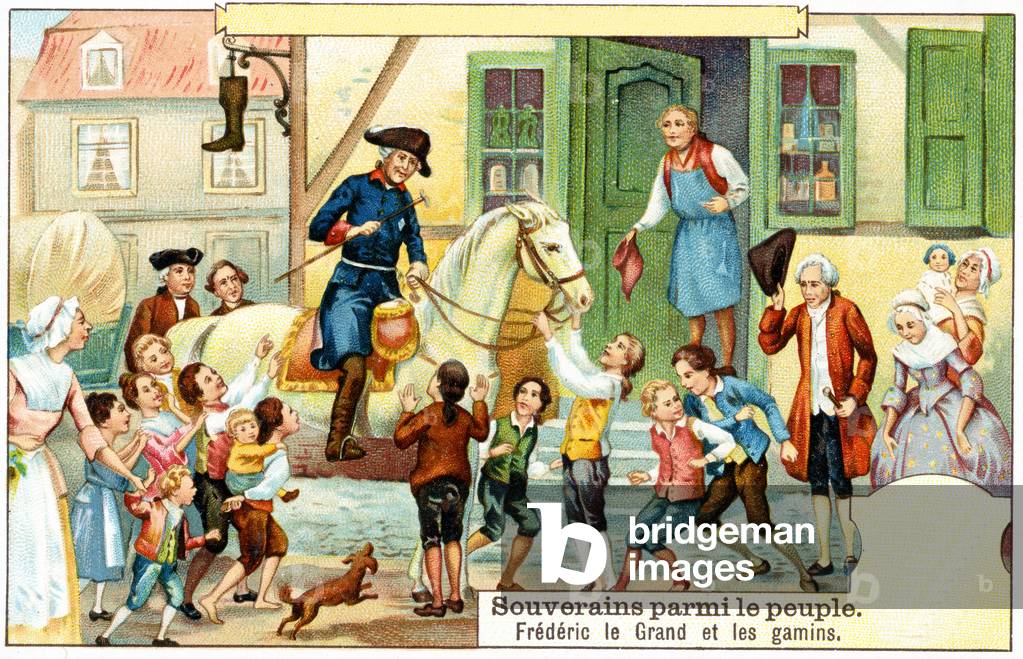 Frederick the Great of Prussia with the urchins (colour litho)