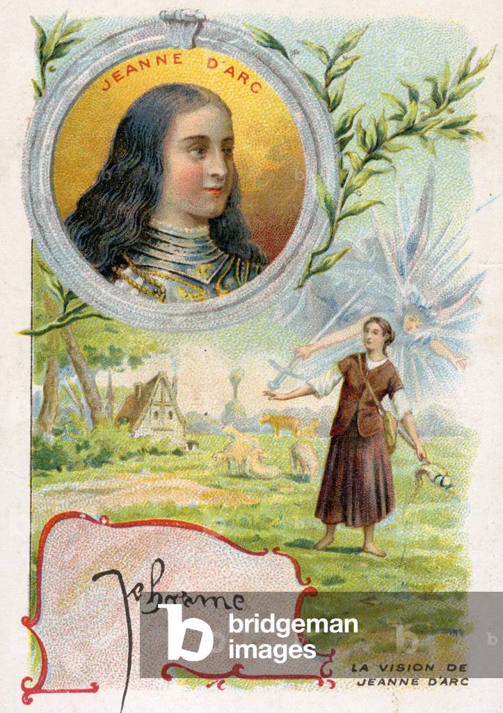 Joan of Arc, a promotional card for 'Poulain' chocolate with illustrations of her vision and her signature, c.1910 (colour lithograph)