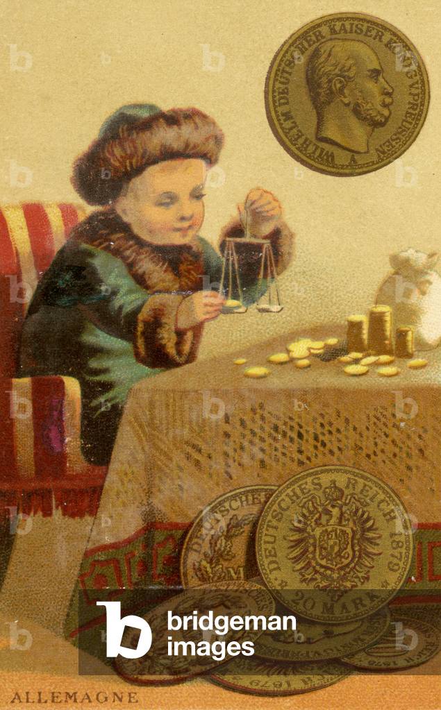 Young German banker weighing Deutschmarks, from a series of promotional cards on currencies in different countries, published in Paris by Baster & Vieillemard for use by the chocolate producer, 'Chocolat Ibled', 1886-95 (colour litho)