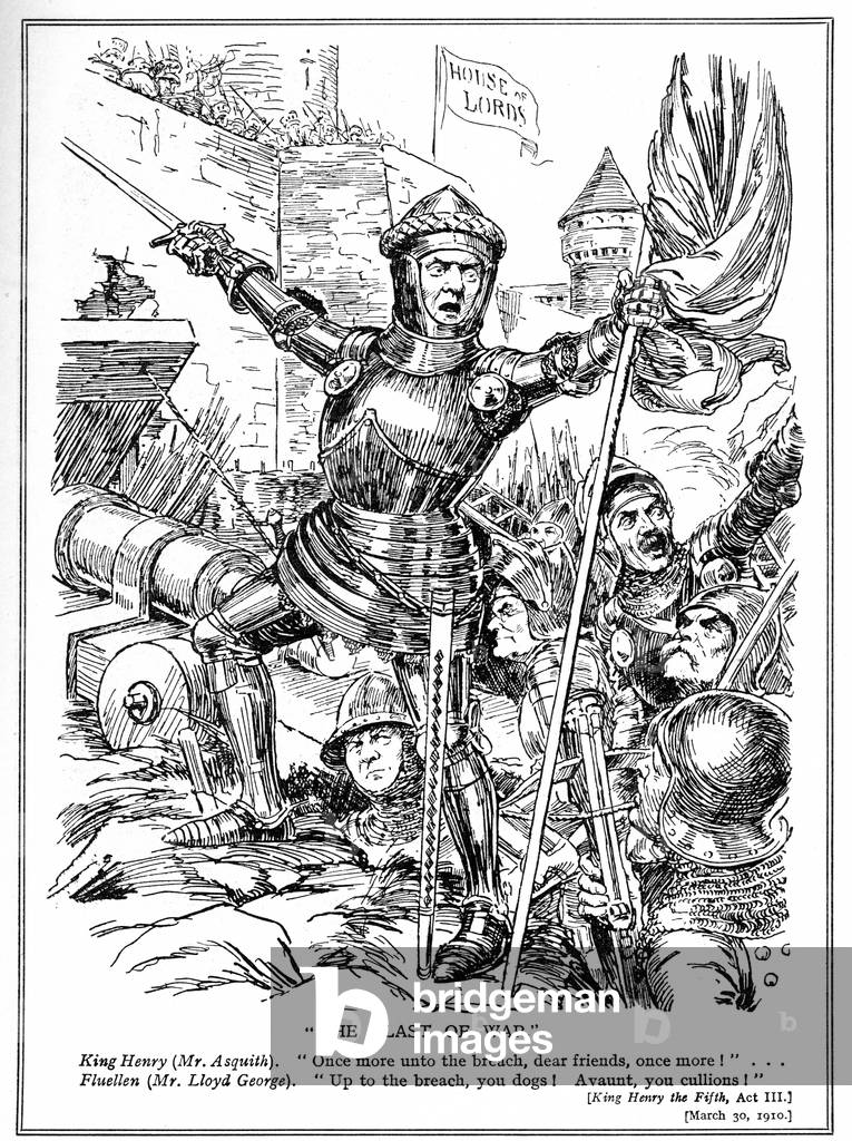 The Liberals, led by Asquith and LLoyd George, attack the House of Lords, 1910 (litho)