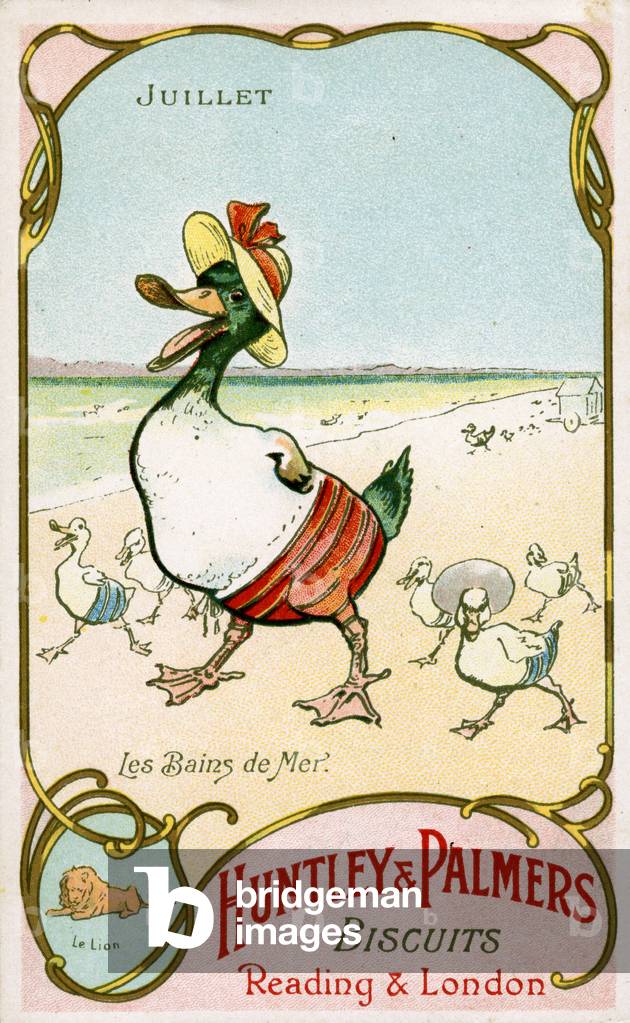 July, Sea Bathing, Leo, from a series of promotional cards on the months of the year, produced for the French market by Huntley and Palmers,  c.1910 (colour litho)