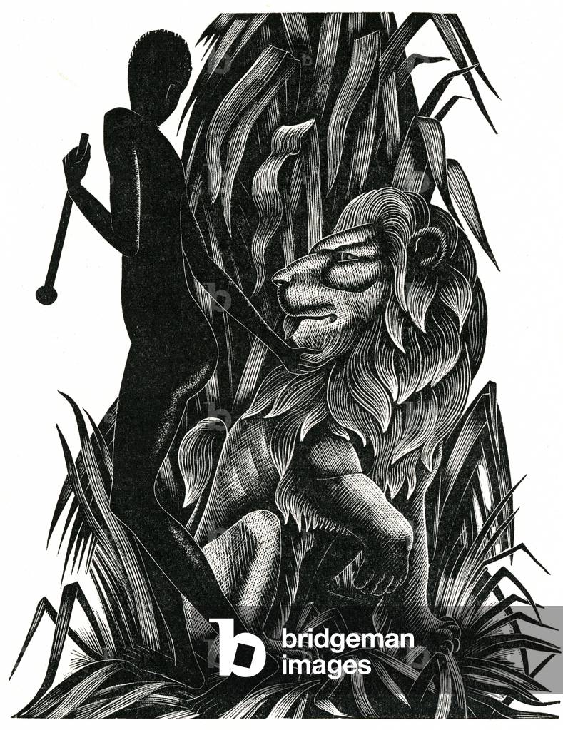 The Black Girl meets a lion in the forest, illustration from 'The Adventures of the Black Girl in Her Search for God', 1932 (wood engraving)