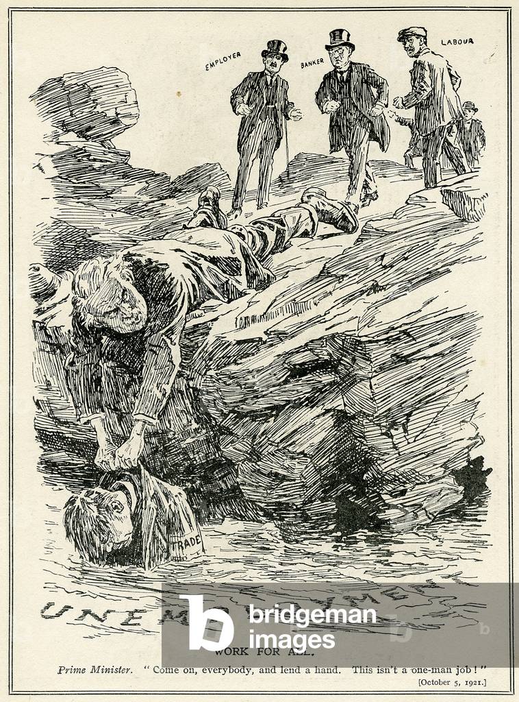 Lloyd George dice ai datori di lavoro, ai banchieri e ai lavoratori di cooperare per sconfiggere la disoccupaz