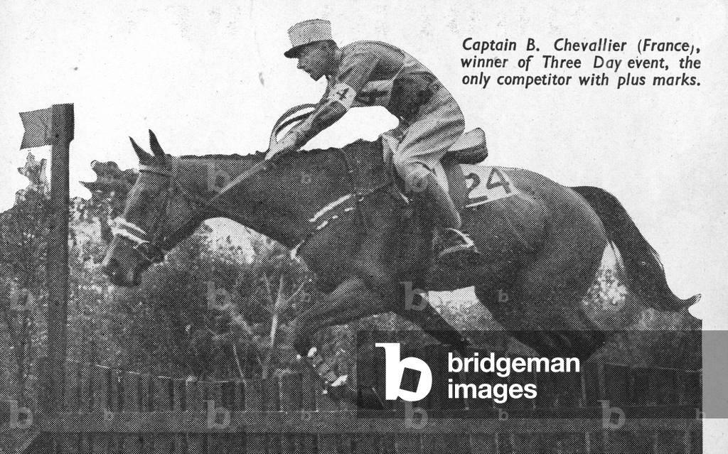 Captain B. Chevallier of France, winner of the Gold Medal for the Three day event and the only competitor with plus marks at the 1948 London Olympics (b/w photo)