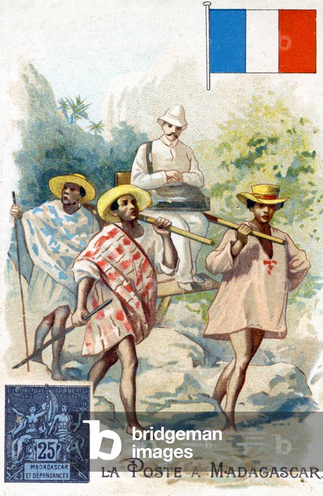 Postman delivering mail in Madagascar, late 19th century (colour litho)