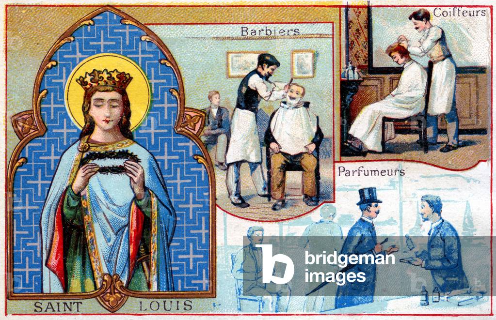 Saint Louis, Patron Saint of barbers, hairdressers and stylists and perfumiers, c.1910 (colour litho)
