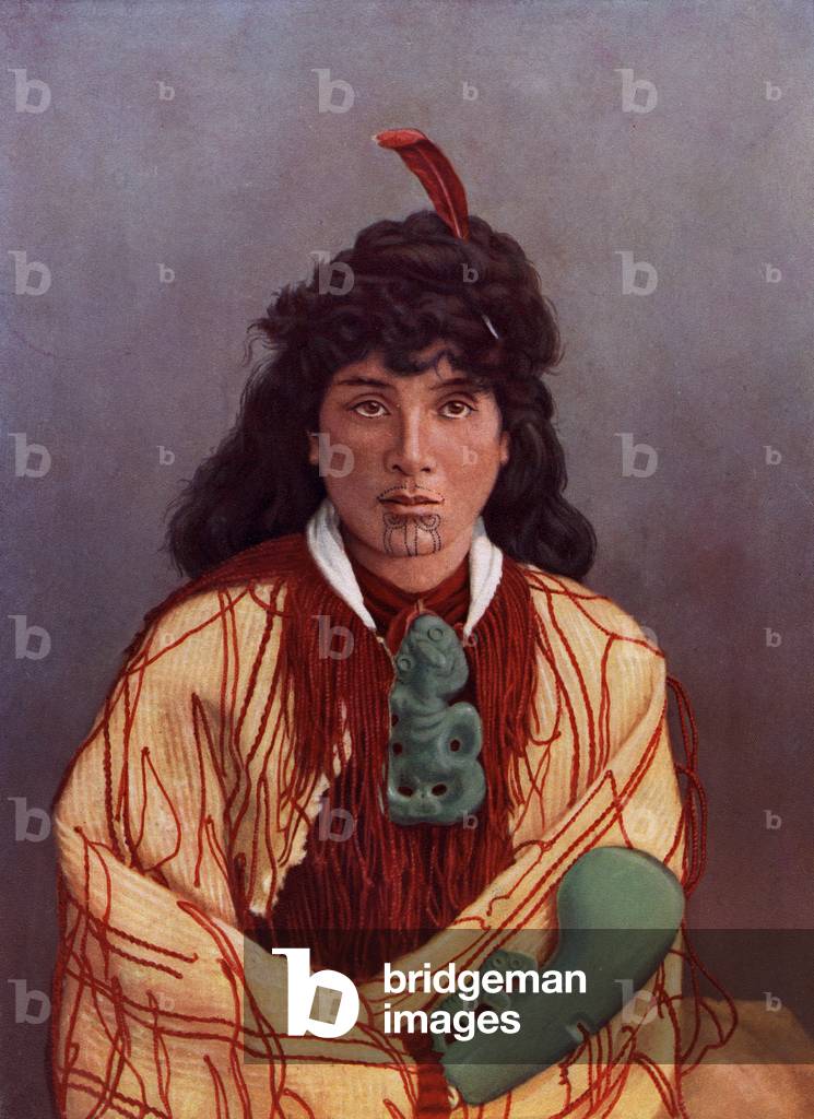 Portrait of a young Maori woman, Susan Rotorua, c.1890 (colour litho after an albumen print)
