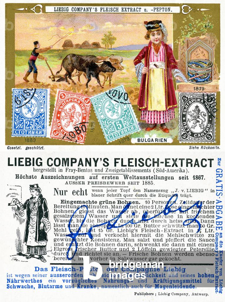 Bulgarian postage stamps, front and verso of a Liebig promotional card, 1897 (colour litho)