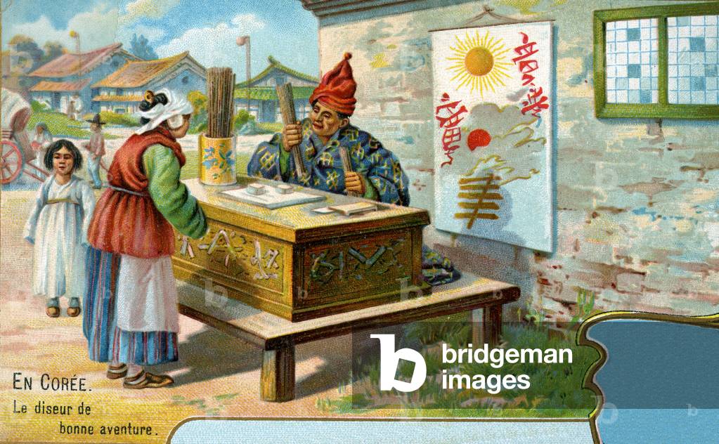 A Fortune teller in Korea, 1904 (colour litho)