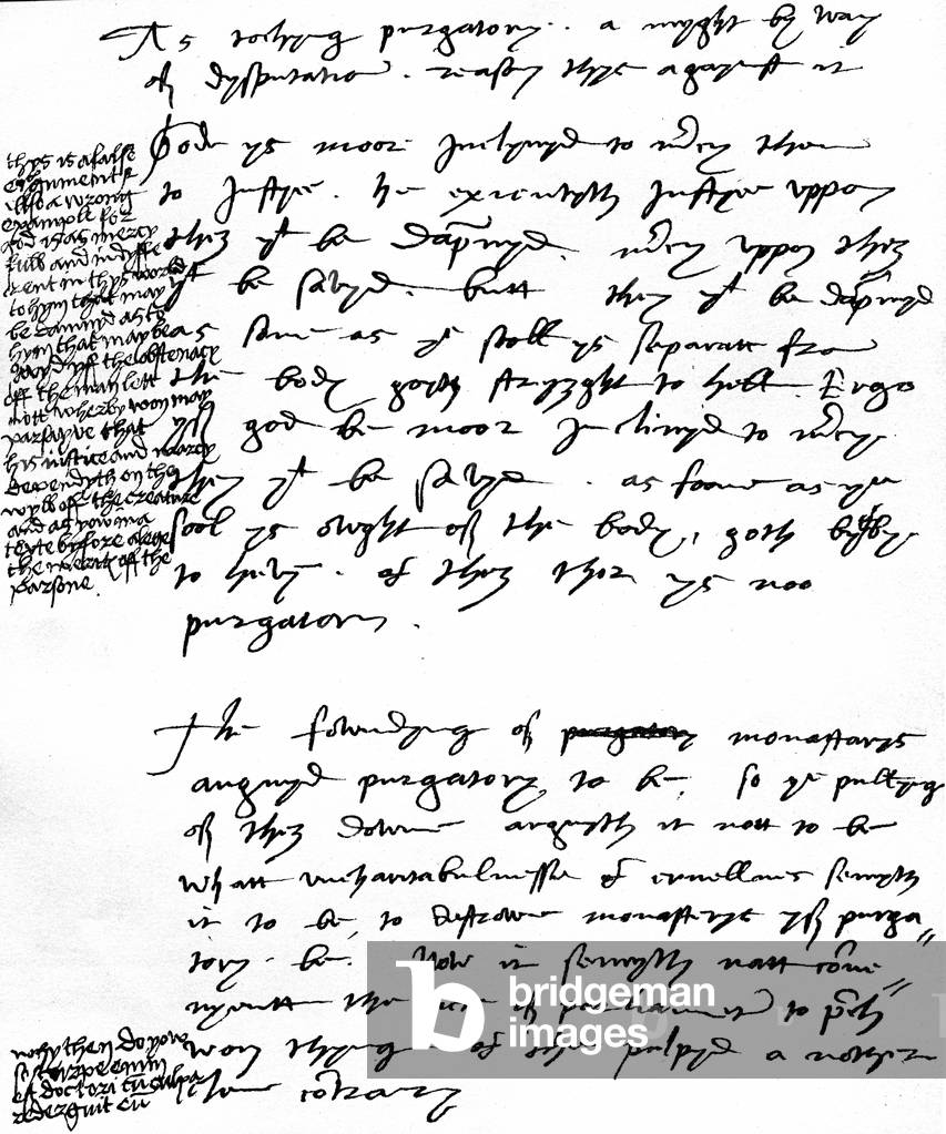 Bishop Latimer's arguments against the Catholic doctrine of Purgatory with marginal notes made by King Henry VIII, c.1538 (pen & ink on paper)