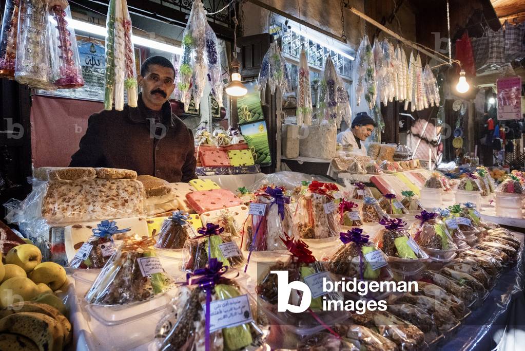 Nougat food stall in Fez el Bali, Morocco (photo)