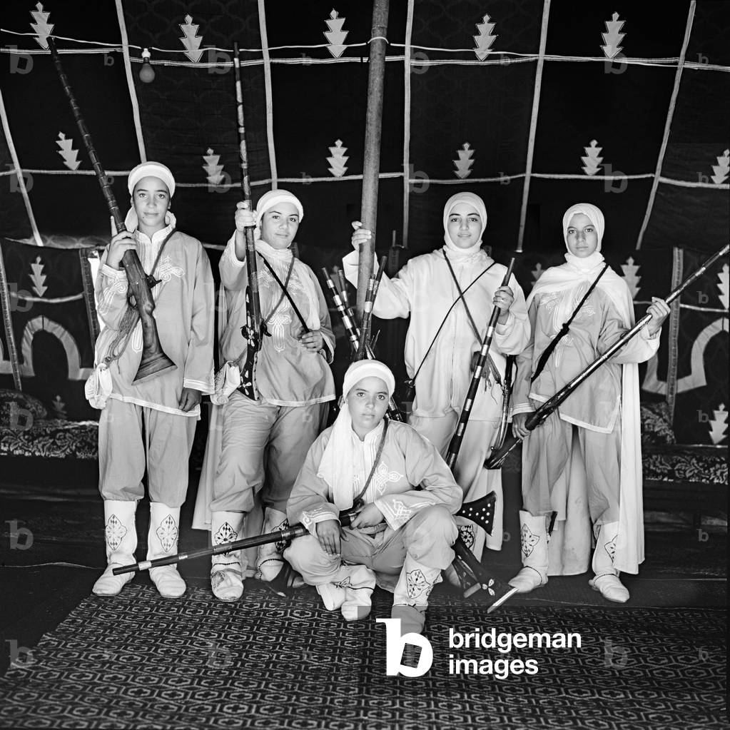 All female Fantasia team, Moussem of Moulay Abdellah near Safi, Morocco (b/w photo)
