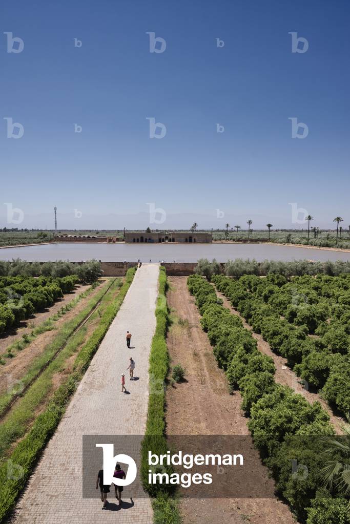 View of the largest water pool or basin from the roof of the Dar el Hana - the Minzah or Pavillion, Agdal Gardens, Marrakech, Morocco (photo)