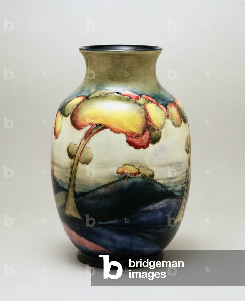 Landscape design vase, with a light flambe glaze, by William Moorcroft, c.1928