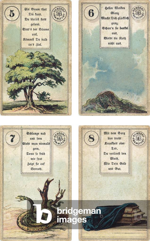 German edition of the Lenormand French cartomancy deck: The Tree, The Clouds, The Snake, The Coffin, published by Dondorf, Frankfurt, 19th Century (colour litho)