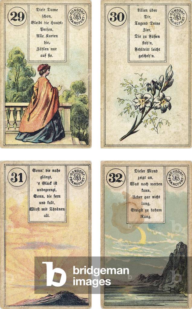 German edition of the Lenormand French cartomancy deck: The Lady, The Lilies/The Lily, The Sun, The Moon, published by Dondorf, Frankfurt, 19th Century (colour litho)