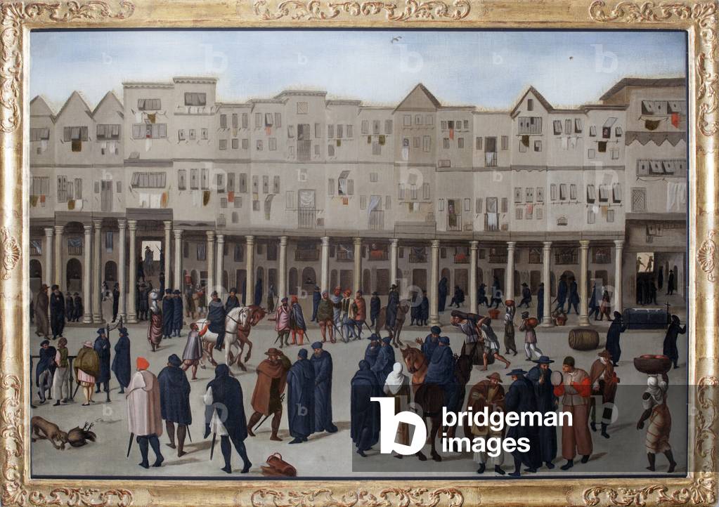 Town Scene depicting Rua Nova dos Mercadores in Lisbon, Portugal (oil on canvas)