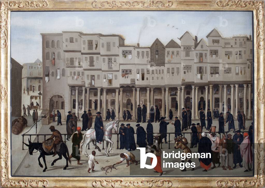 Town Scene depicting Rua Nova dos Mercadores in Lisbon, Portugal (oil on canvas)