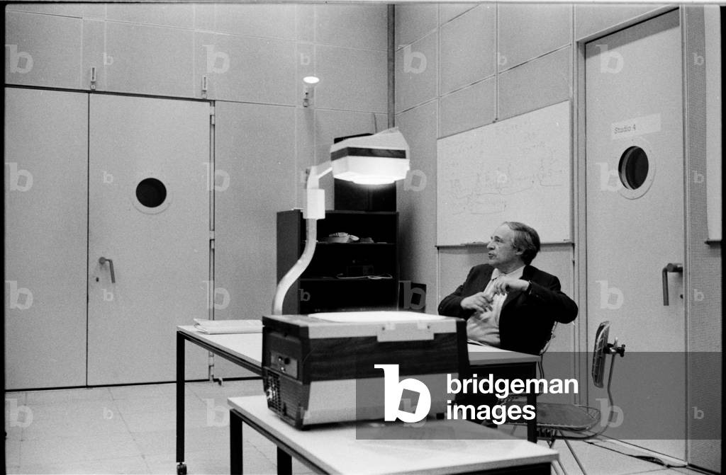 Pierre Boulez at IRCAM in 1983, giving a conference