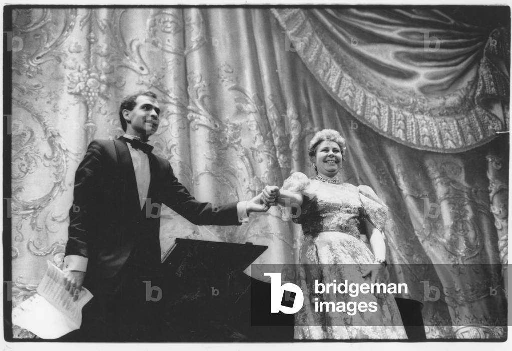 Mezzo soprano Christa Ludwig and pianist Philippe Cassard at Théâtre du Chatelet at a recital Paris, France, 1980s (b/w photo)